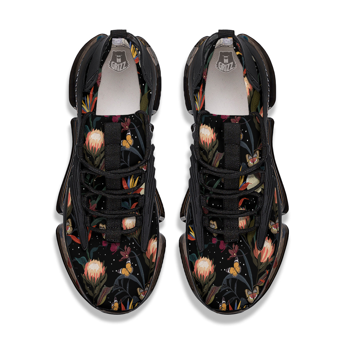 Protea Watercolor Print Pattern Black Gym Shoes-grizzshop