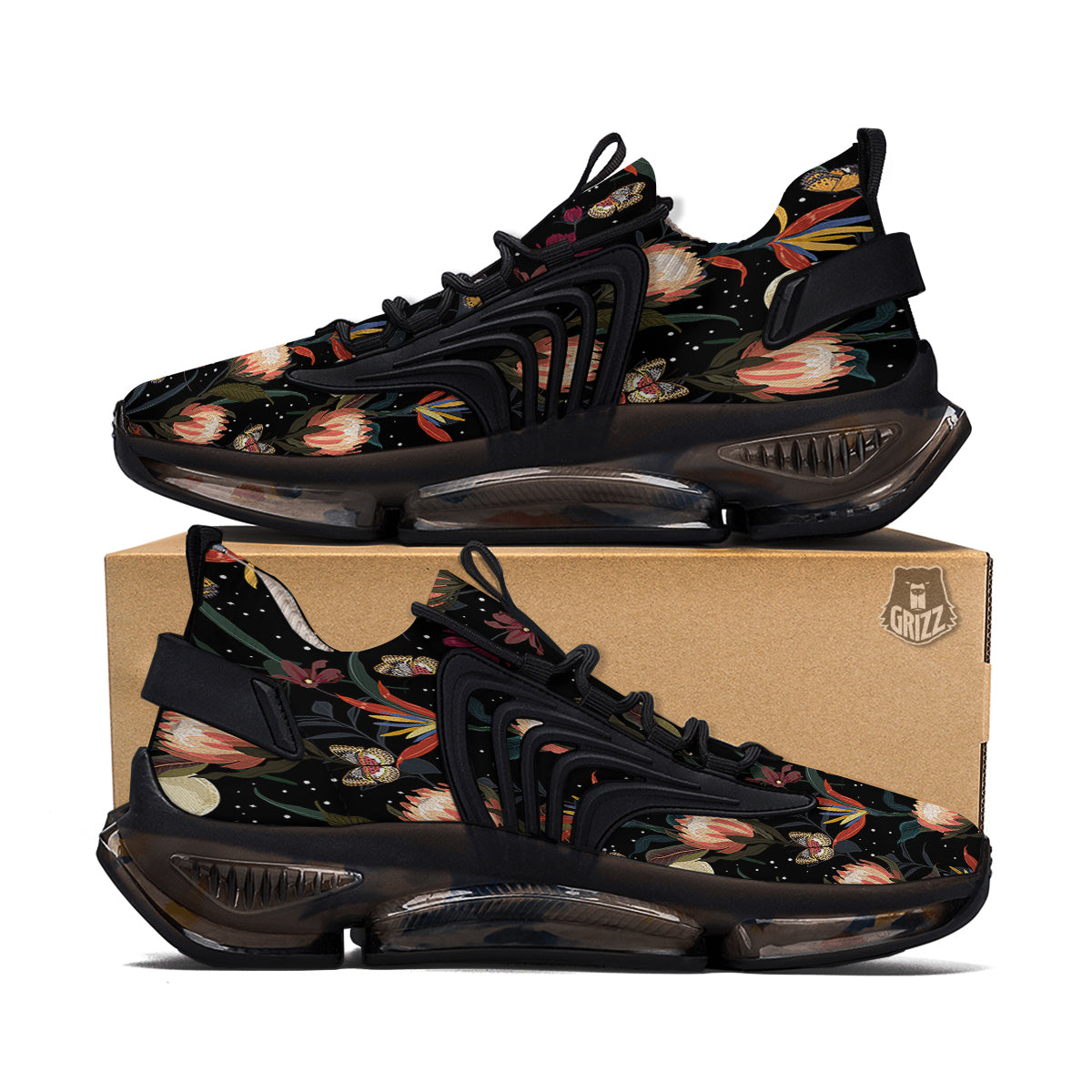 Protea Watercolor Print Pattern Black Gym Shoes-grizzshop