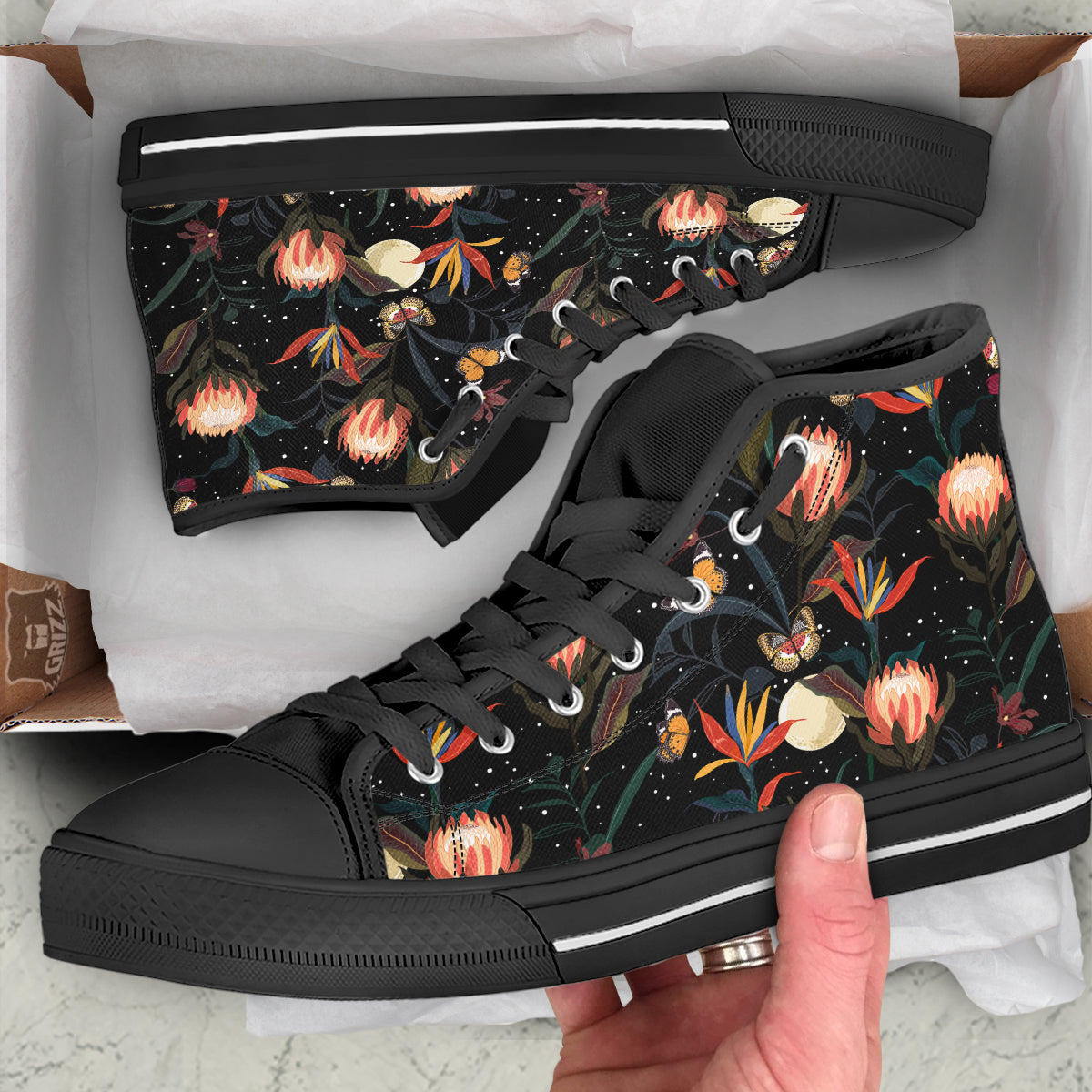 Protea Watercolor Print Pattern Black High Top Shoes-grizzshop