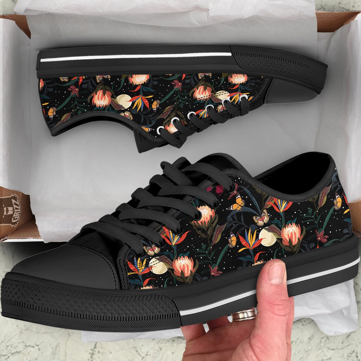 Protea Watercolor Print Pattern Black Low Top Shoes-grizzshop