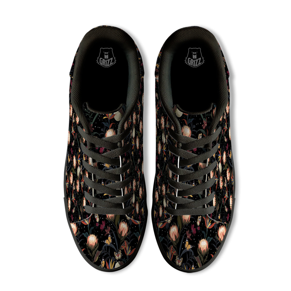 Protea Watercolor Print Pattern Black Low Top Sneakers-grizzshop