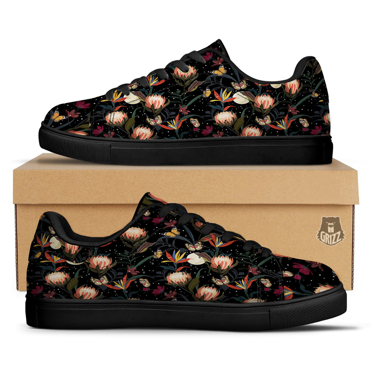 Protea Watercolor Print Pattern Black Low Top Sneakers-grizzshop