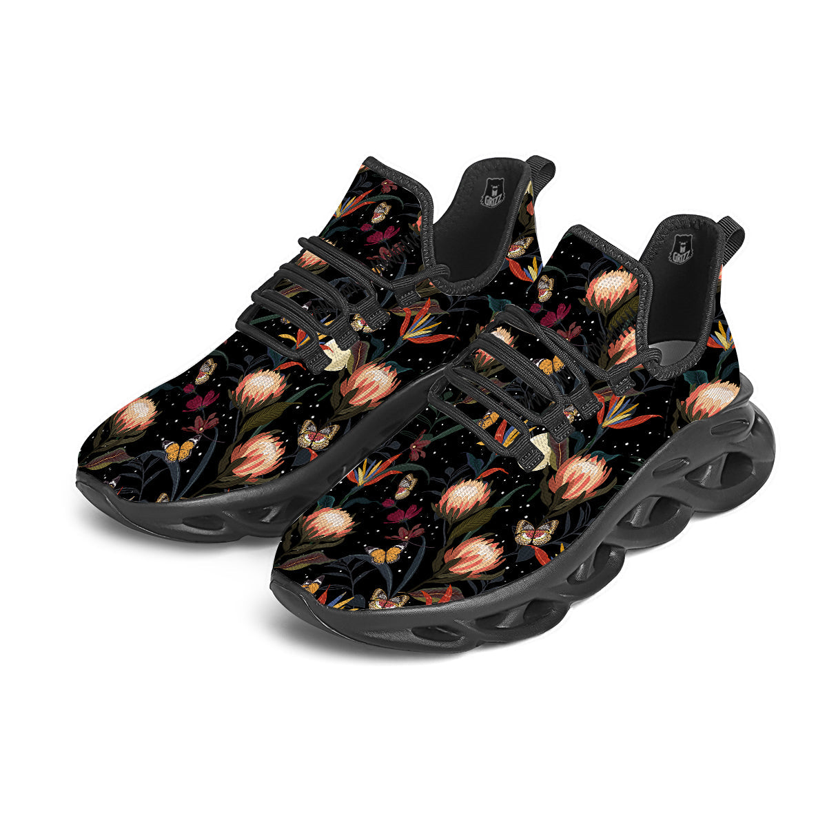 Protea Watercolor Print Pattern Black Running Shoes-grizzshop