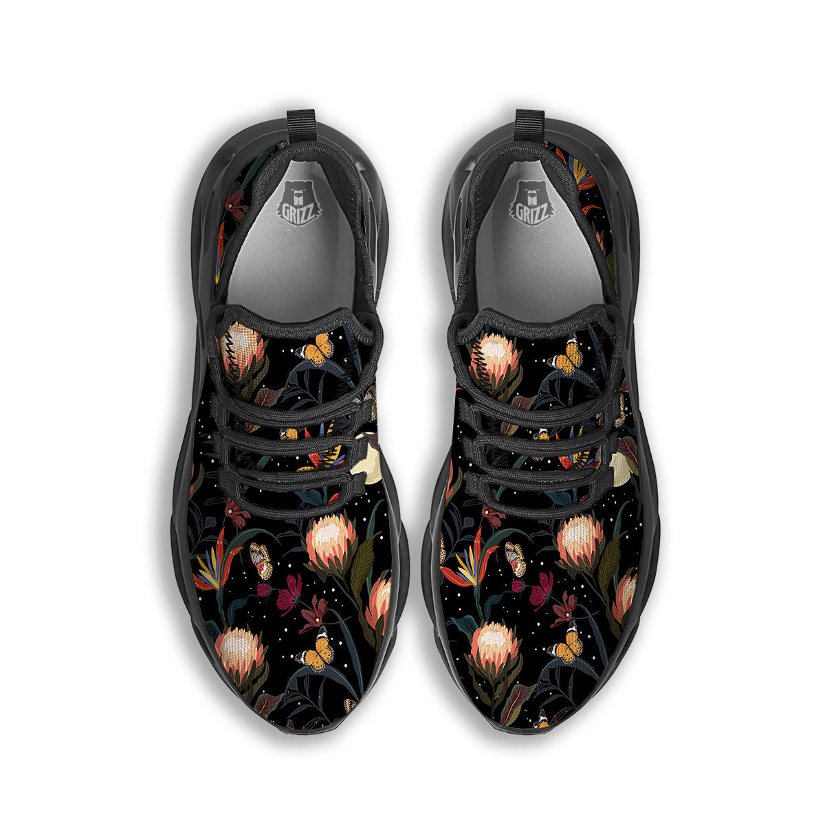 Protea Watercolor Print Pattern Black Running Shoes-grizzshop