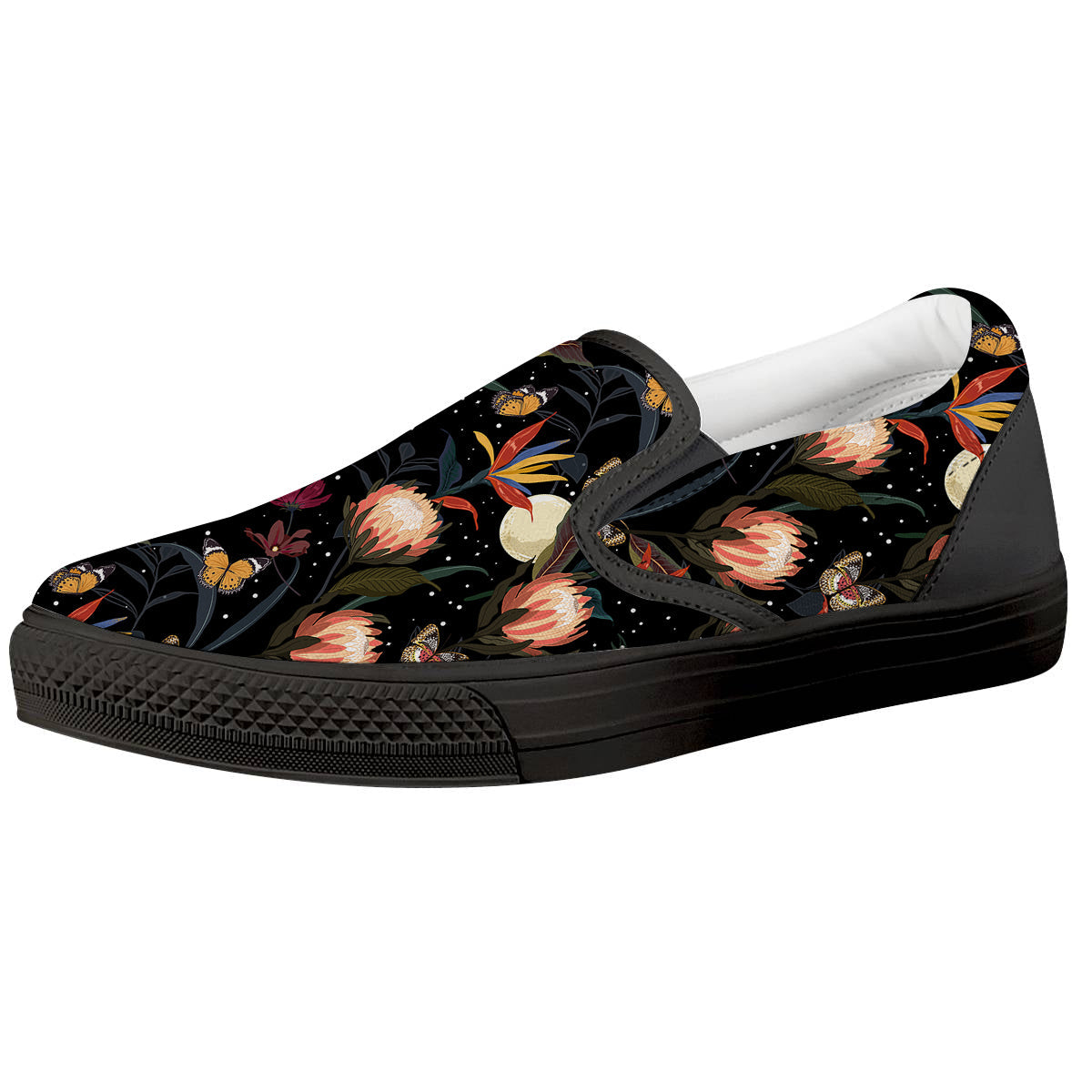 Protea Watercolor Print Pattern Black Slip On Shoes-grizzshop