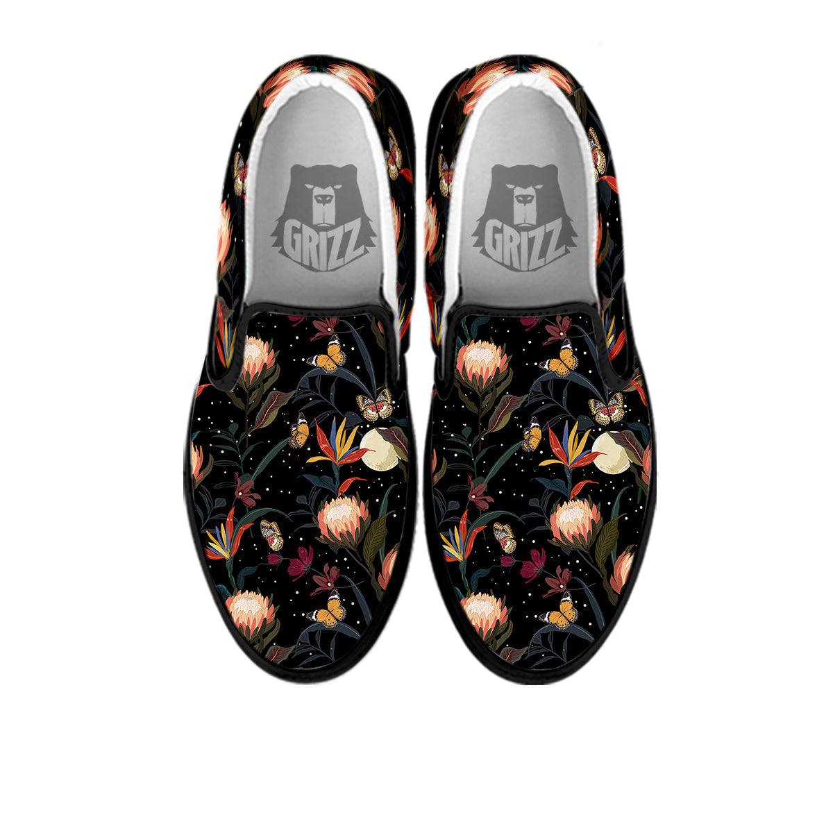 Protea Watercolor Print Pattern Black Slip On Shoes-grizzshop