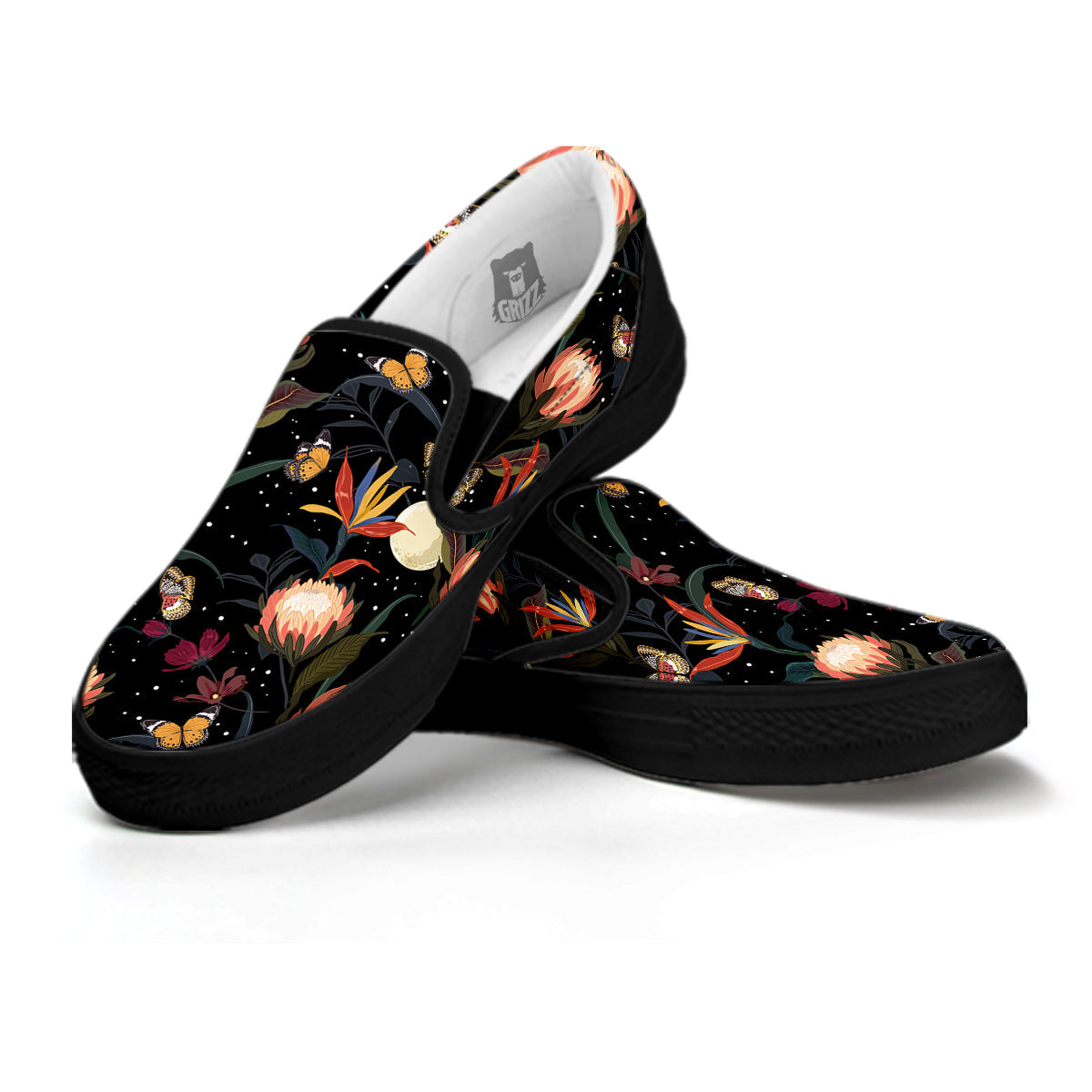 Protea Watercolor Print Pattern Black Slip On Shoes-grizzshop