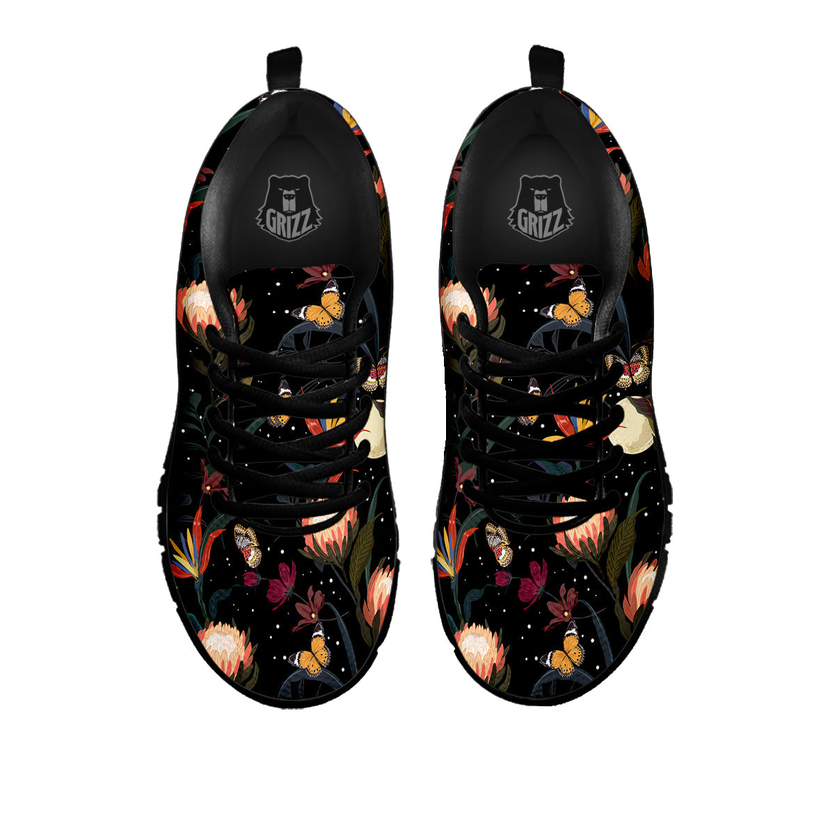 Protea Watercolor Print Pattern Black Sneaker-grizzshop