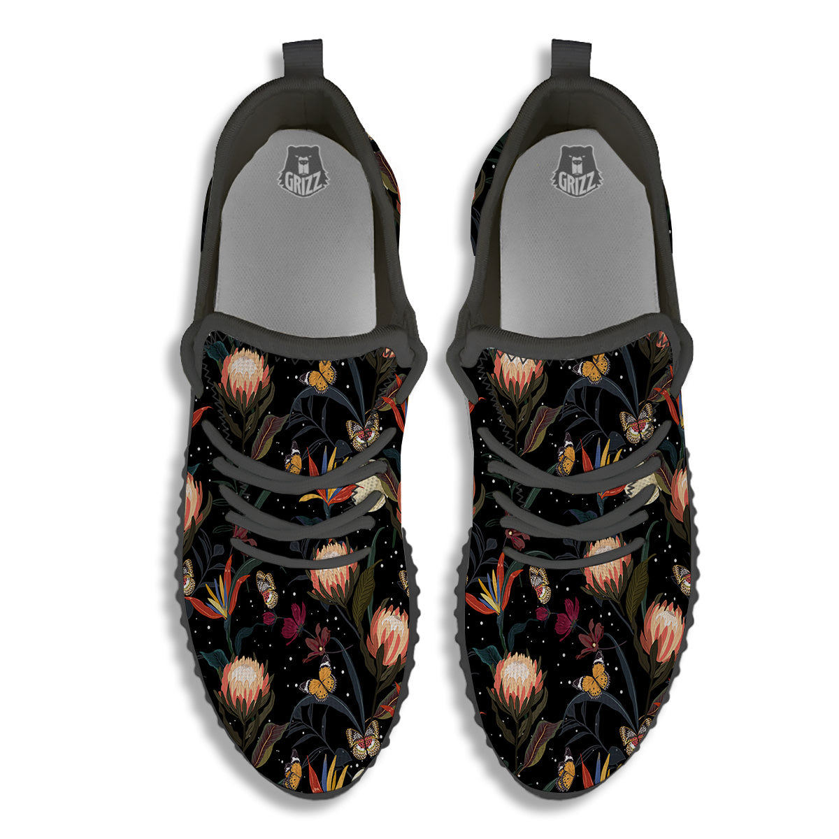 Protea Watercolor Print Pattern Black Walking Shoes-grizzshop