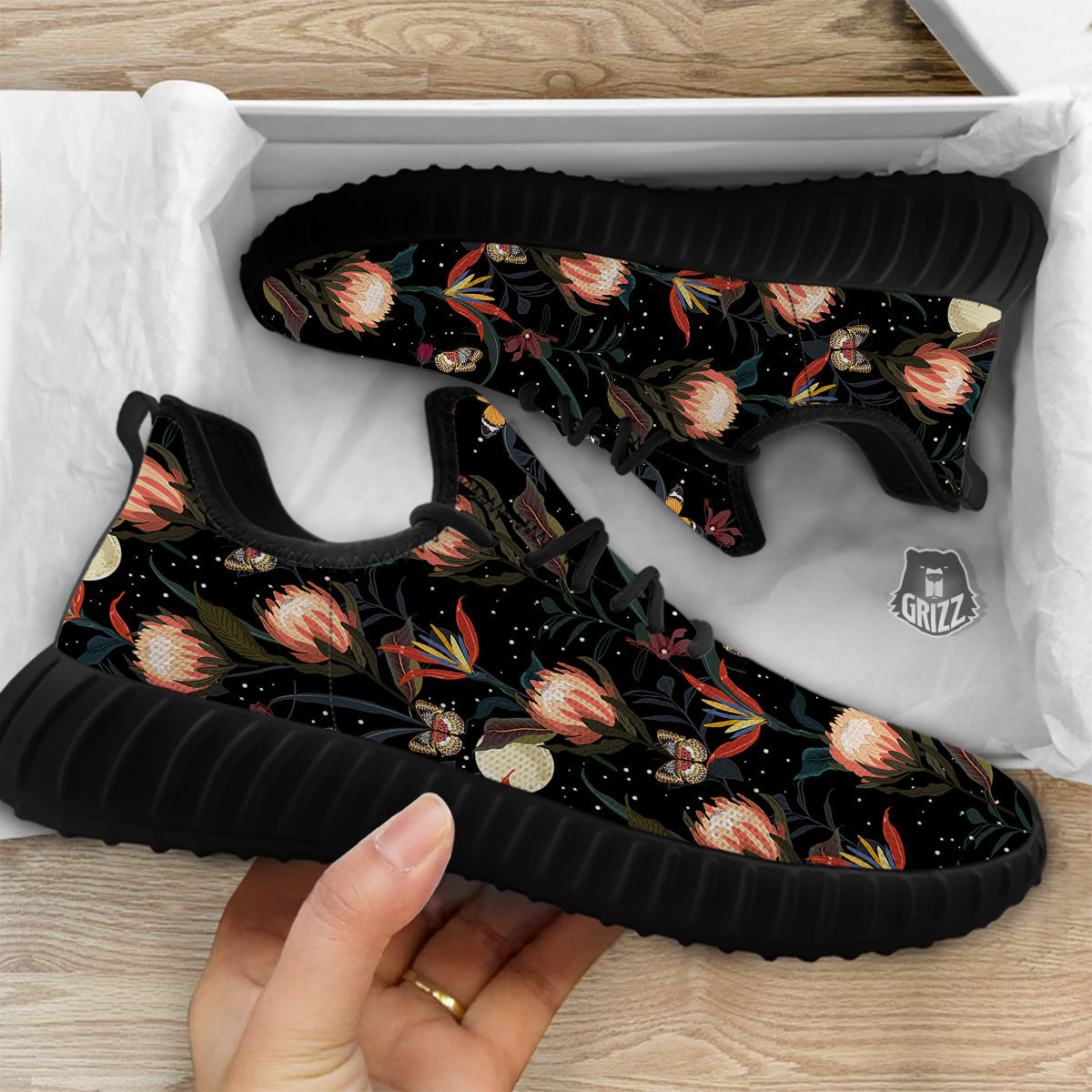 Protea Watercolor Print Pattern Black Walking Shoes-grizzshop