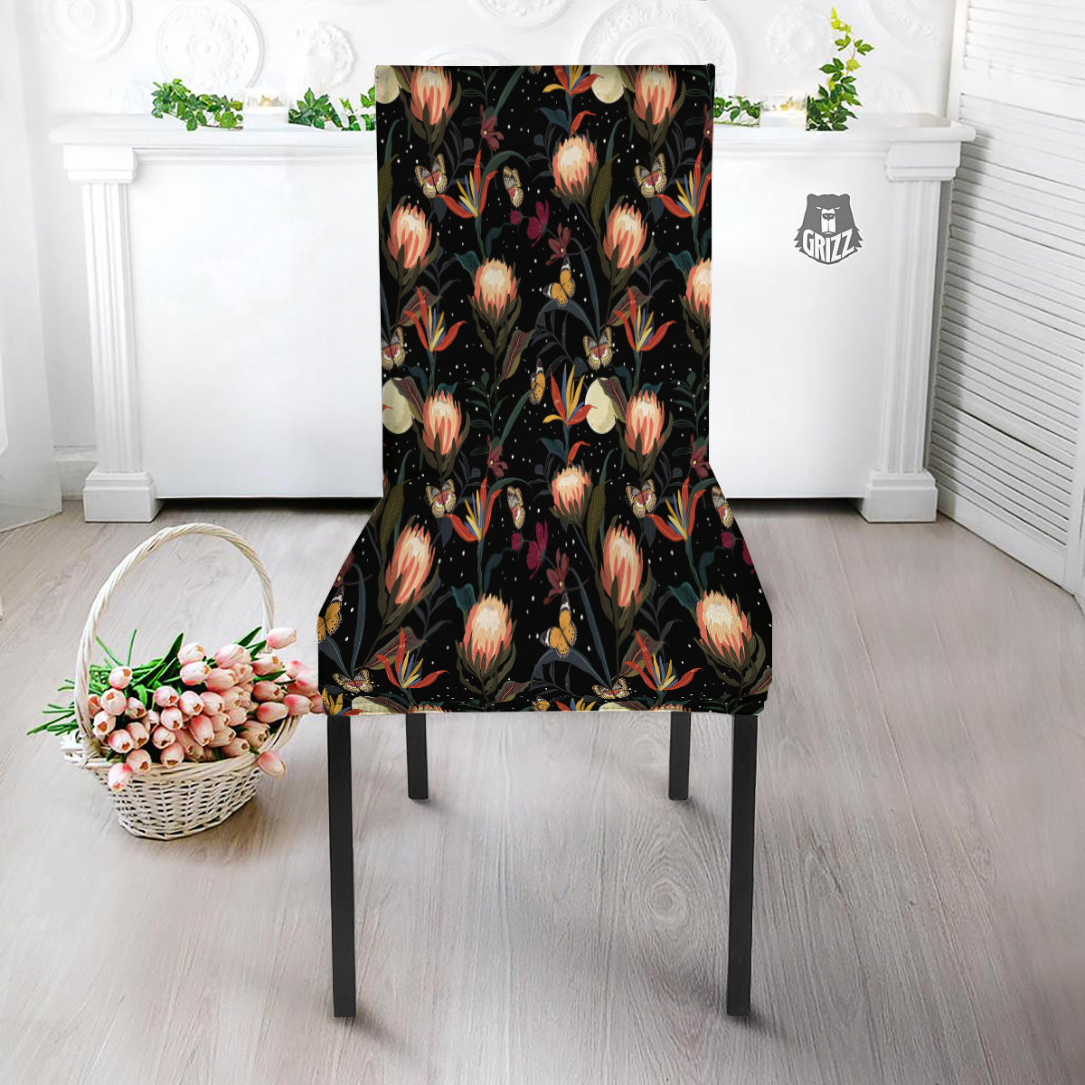 Protea Watercolor Print Pattern Dining Chair Slipcover-grizzshop