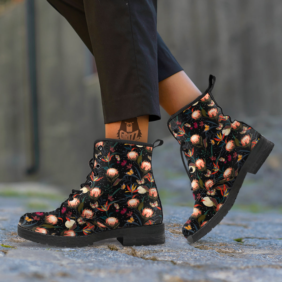 Protea Watercolor Print Pattern Leather Boots-grizzshop