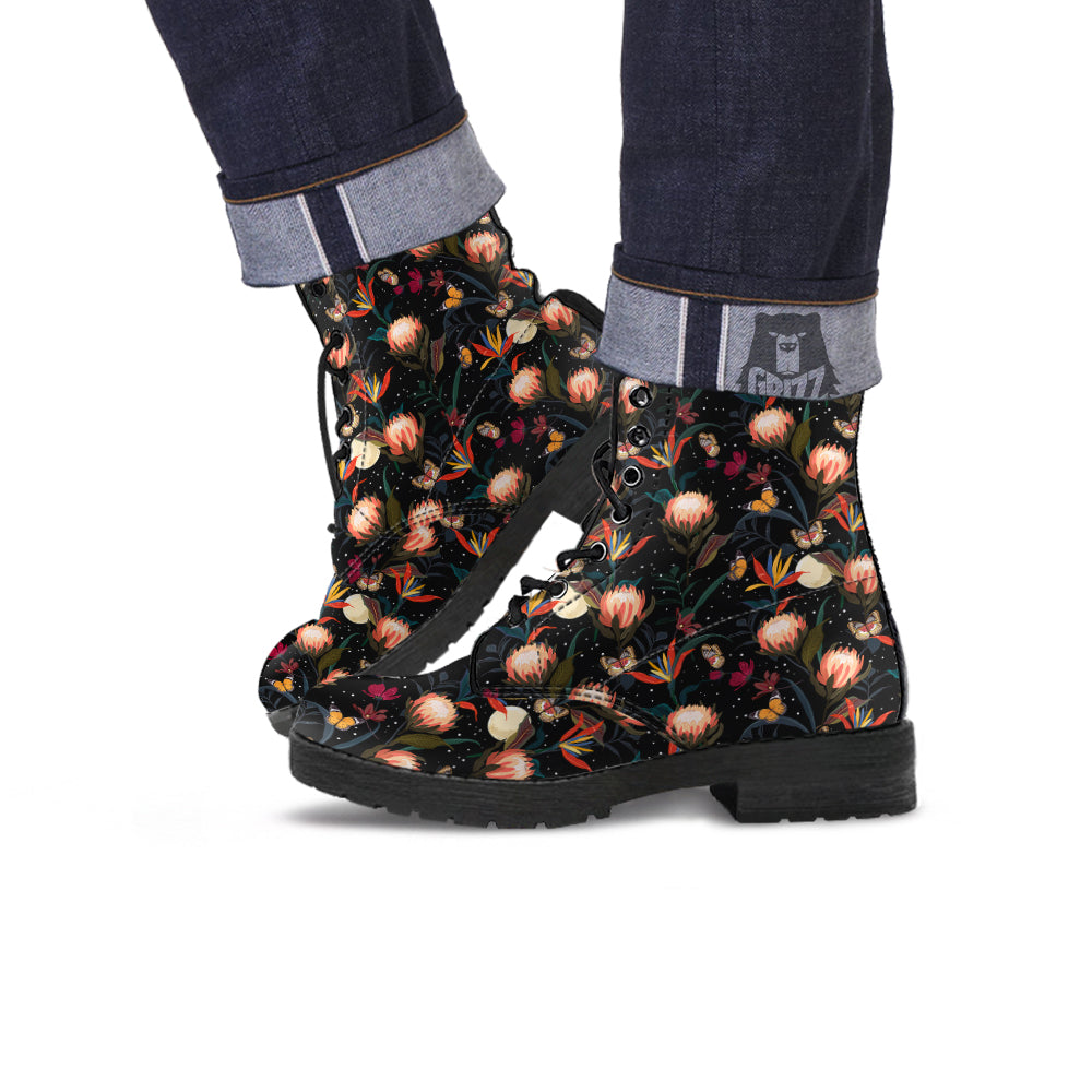 Protea Watercolor Print Pattern Leather Boots-grizzshop