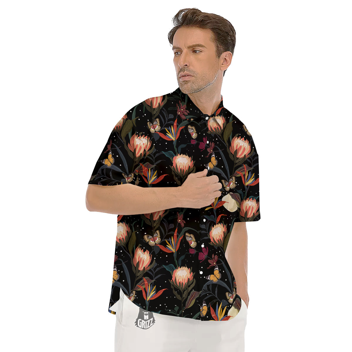 Protea Watercolor Print Pattern Men's Short Sleeve Shirts-grizzshop