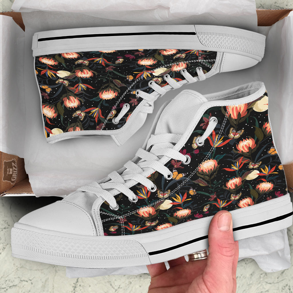 Protea Watercolor Print Pattern White High Top Shoes-grizzshop