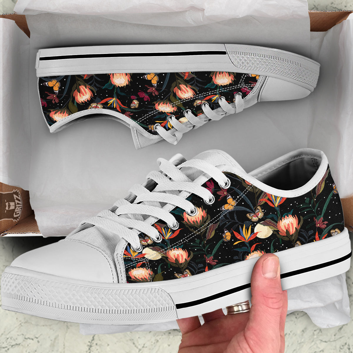 Protea Watercolor Print Pattern White Low Top Shoes-grizzshop