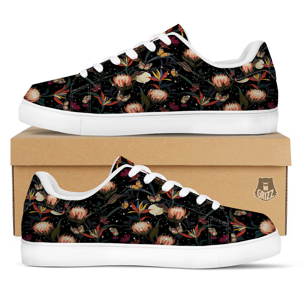 Protea Watercolor Print Pattern White Low Top Sneakers-grizzshop