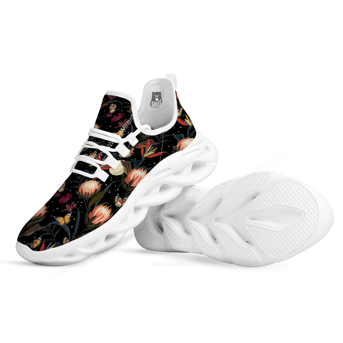 Protea Watercolor Print Pattern White Running Shoes-grizzshop