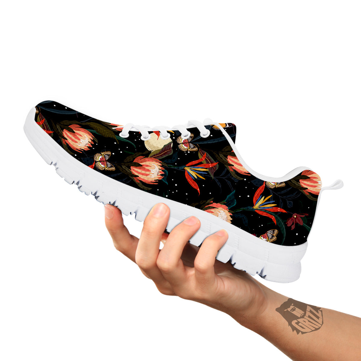 Protea Watercolor Print Pattern White Sneaker-grizzshop