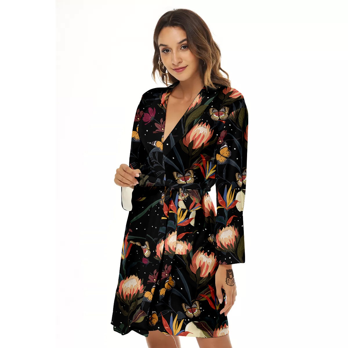 Protea Watercolor Print Pattern Women's Robe-grizzshop