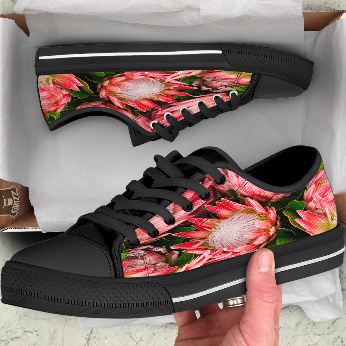 Proteas Bunches Print Black Low Top Shoes-grizzshop
