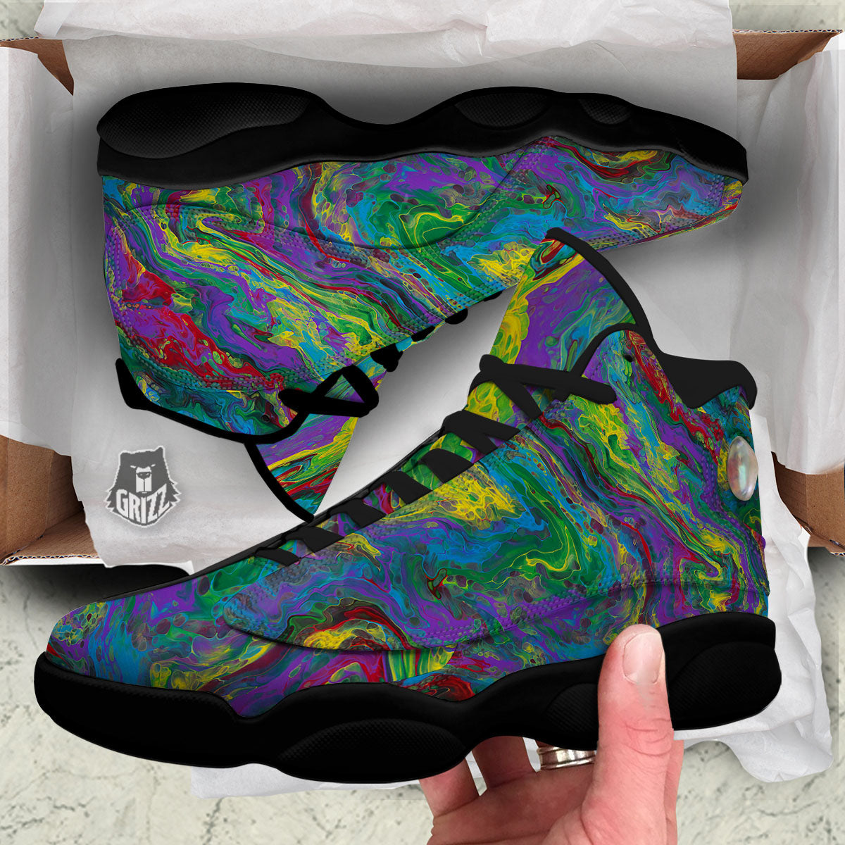 Psychedelic Abstract Print Black Basketball Shoes-grizzshop