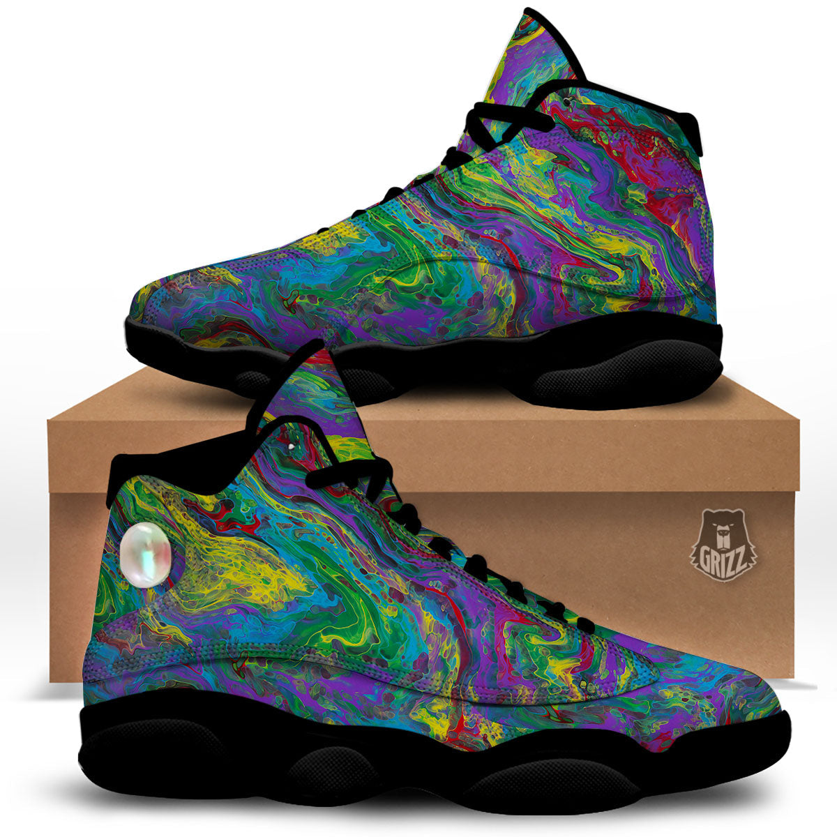 Psychedelic Abstract Print Black Basketball Shoes-grizzshop