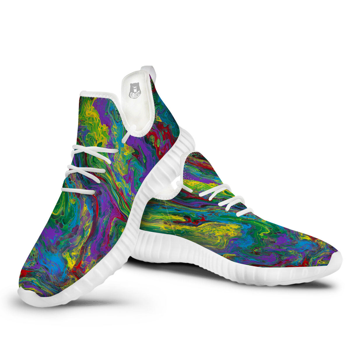 Psychedelic Abstract Print White Walking Shoes-grizzshop