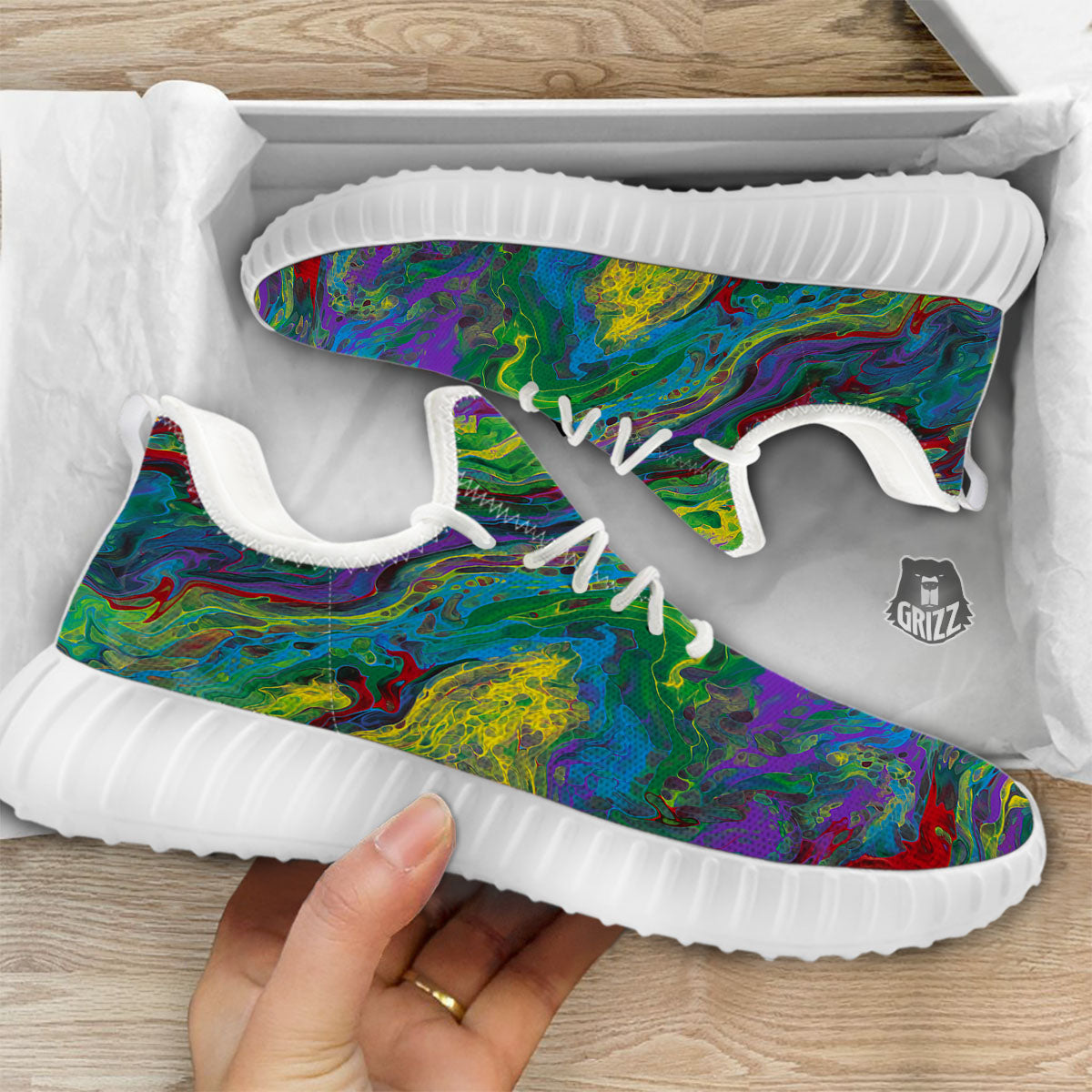 Psychedelic Abstract Print White Walking Shoes-grizzshop