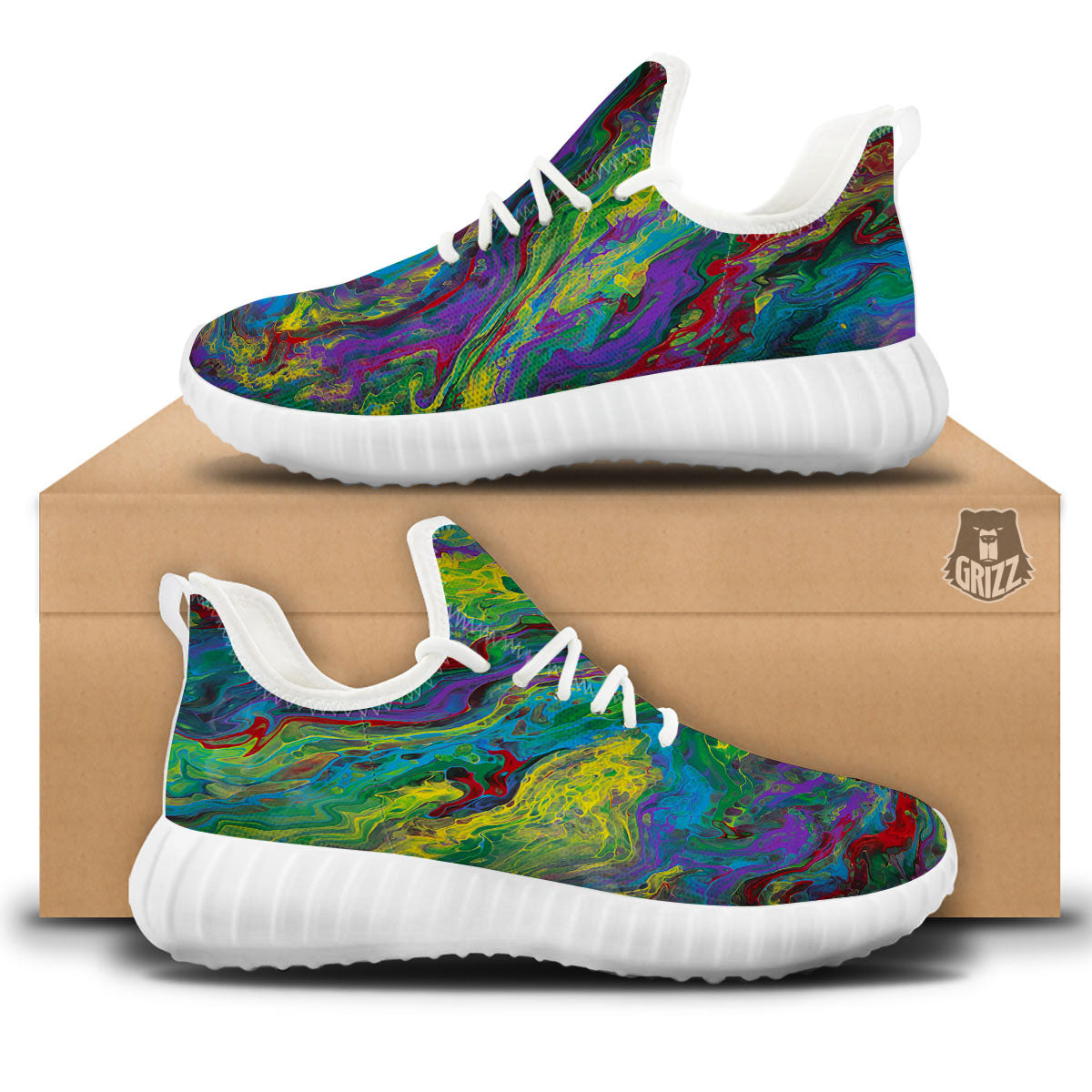 Psychedelic Abstract Print White Walking Shoes-grizzshop