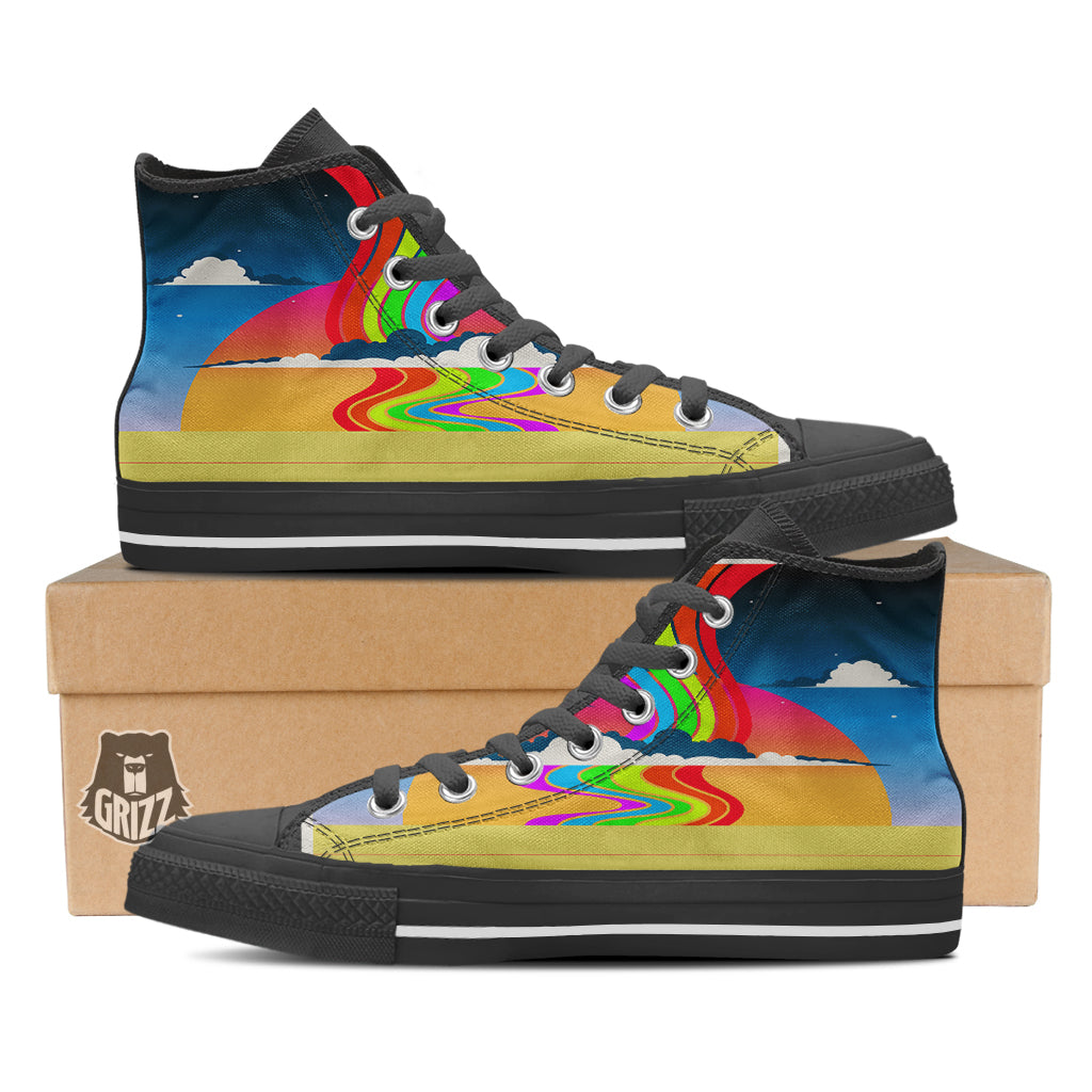Psychedelic And Gradient Sky Rainbow Print Black High Top Shoes-grizzshop