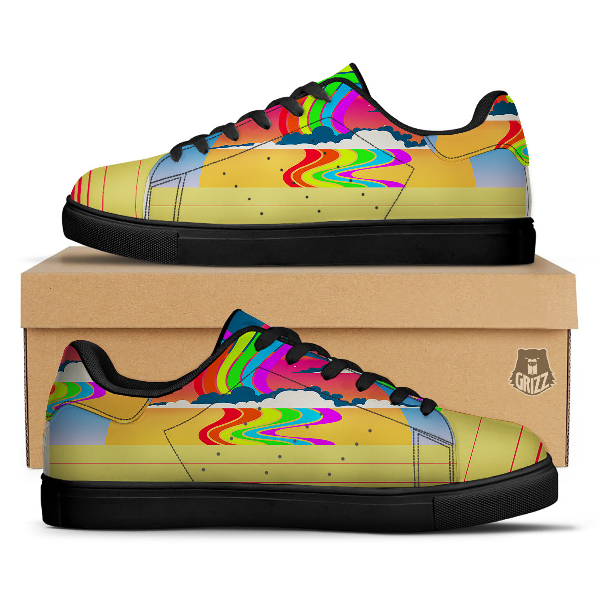 Psychedelic And Gradient Sky Rainbow Print Black Low Top Sneakers-grizzshop