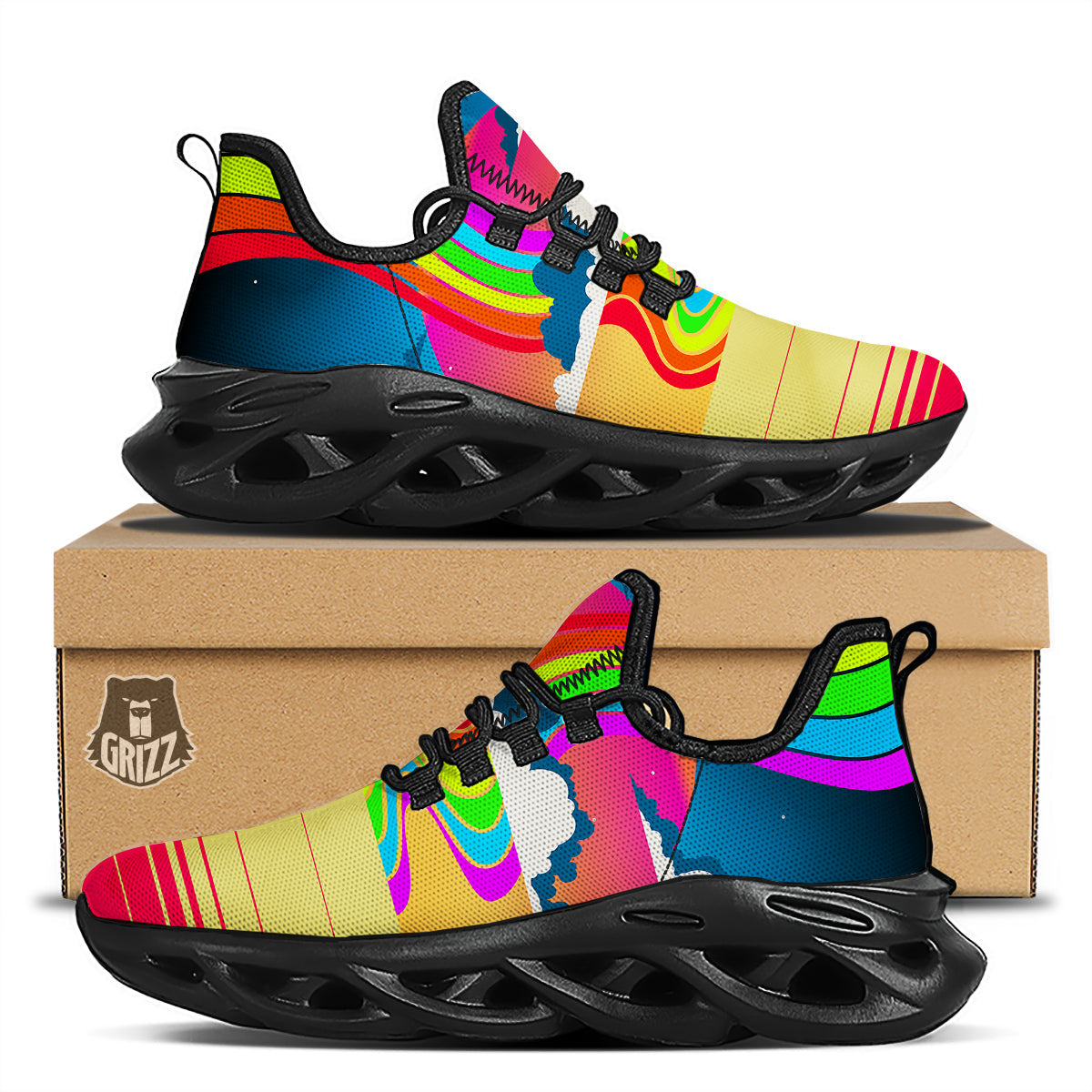 Psychedelic And Gradient Sky Rainbow Print Black Running Shoes-grizzshop
