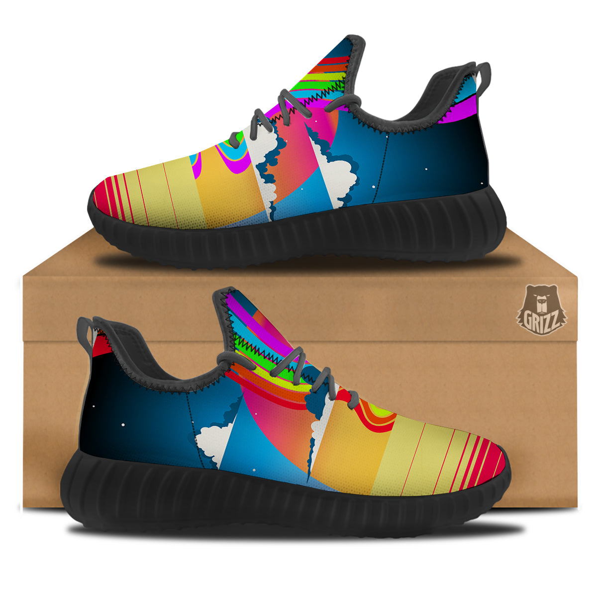 Psychedelic And Gradient Sky Rainbow Print Black Walking Shoes-grizzshop