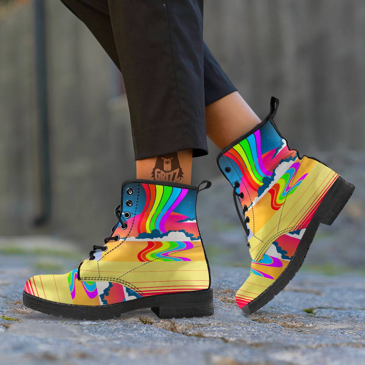 Psychedelic And Gradient Sky Rainbow Print Leather Boots-grizzshop