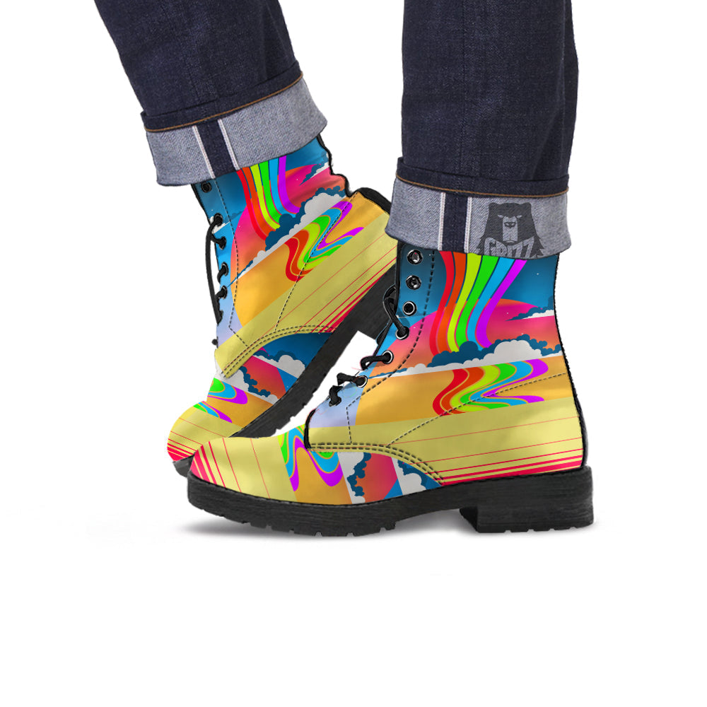 Psychedelic And Gradient Sky Rainbow Print Leather Boots-grizzshop