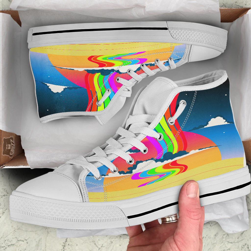 Psychedelic And Gradient Sky Rainbow Print White High Top Shoes-grizzshop