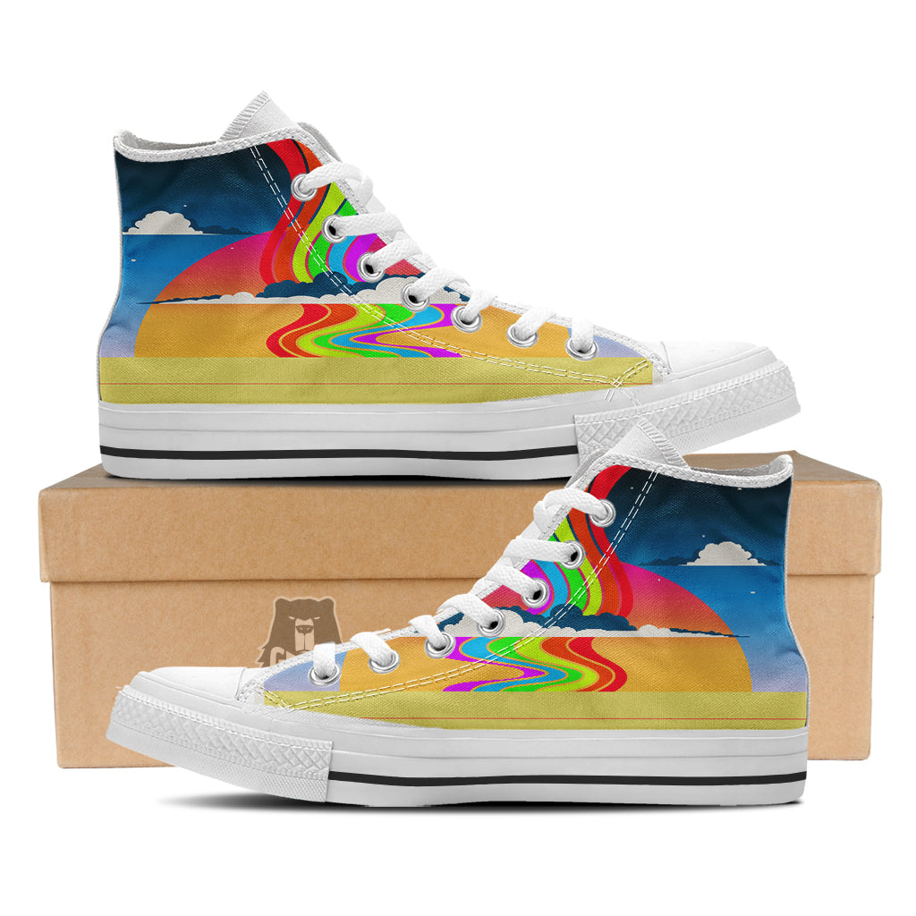 Psychedelic And Gradient Sky Rainbow Print White High Top Shoes-grizzshop
