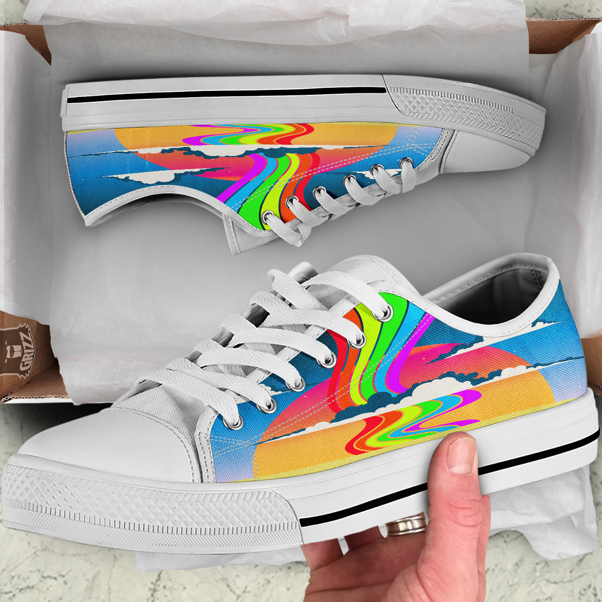 Psychedelic And Gradient Sky Rainbow Print White Low Top Shoes-grizzshop