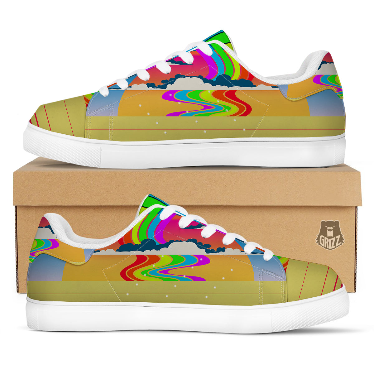 Psychedelic And Gradient Sky Rainbow Print White Low Top Sneakers-grizzshop