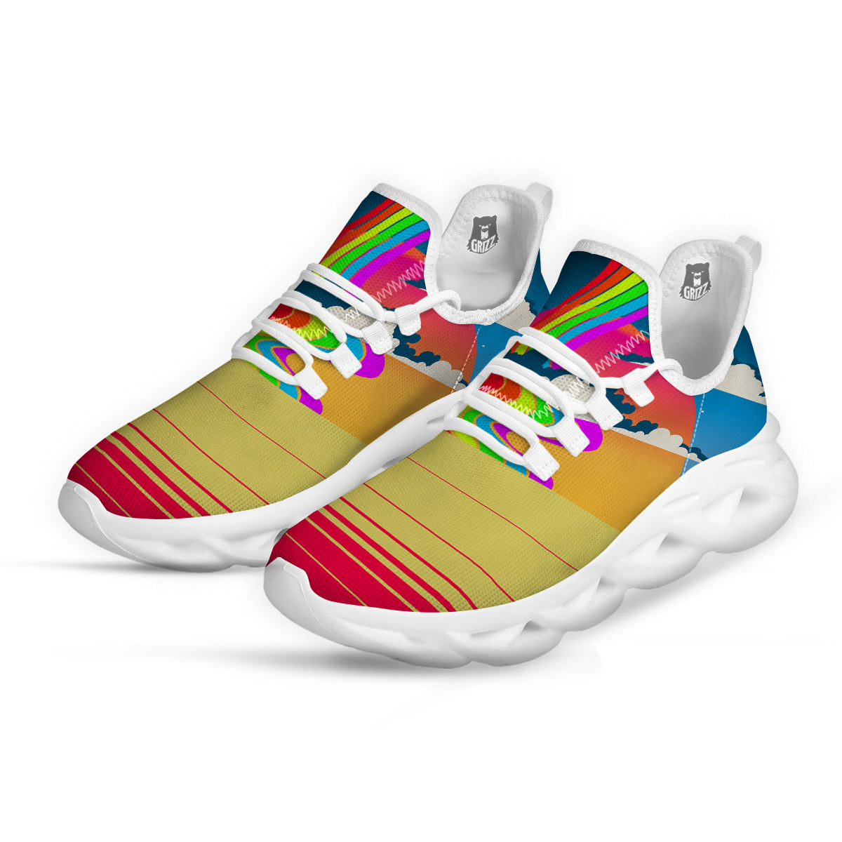 Psychedelic And Gradient Sky Rainbow Print White Running Shoes-grizzshop