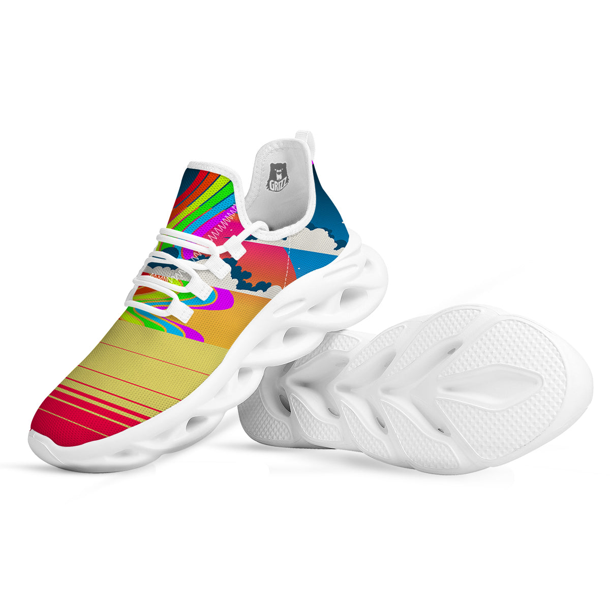 Psychedelic And Gradient Sky Rainbow Print White Running Shoes-grizzshop