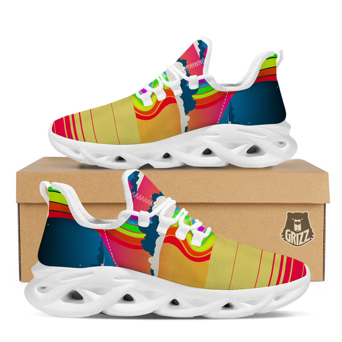 Psychedelic And Gradient Sky Rainbow Print White Running Shoes-grizzshop