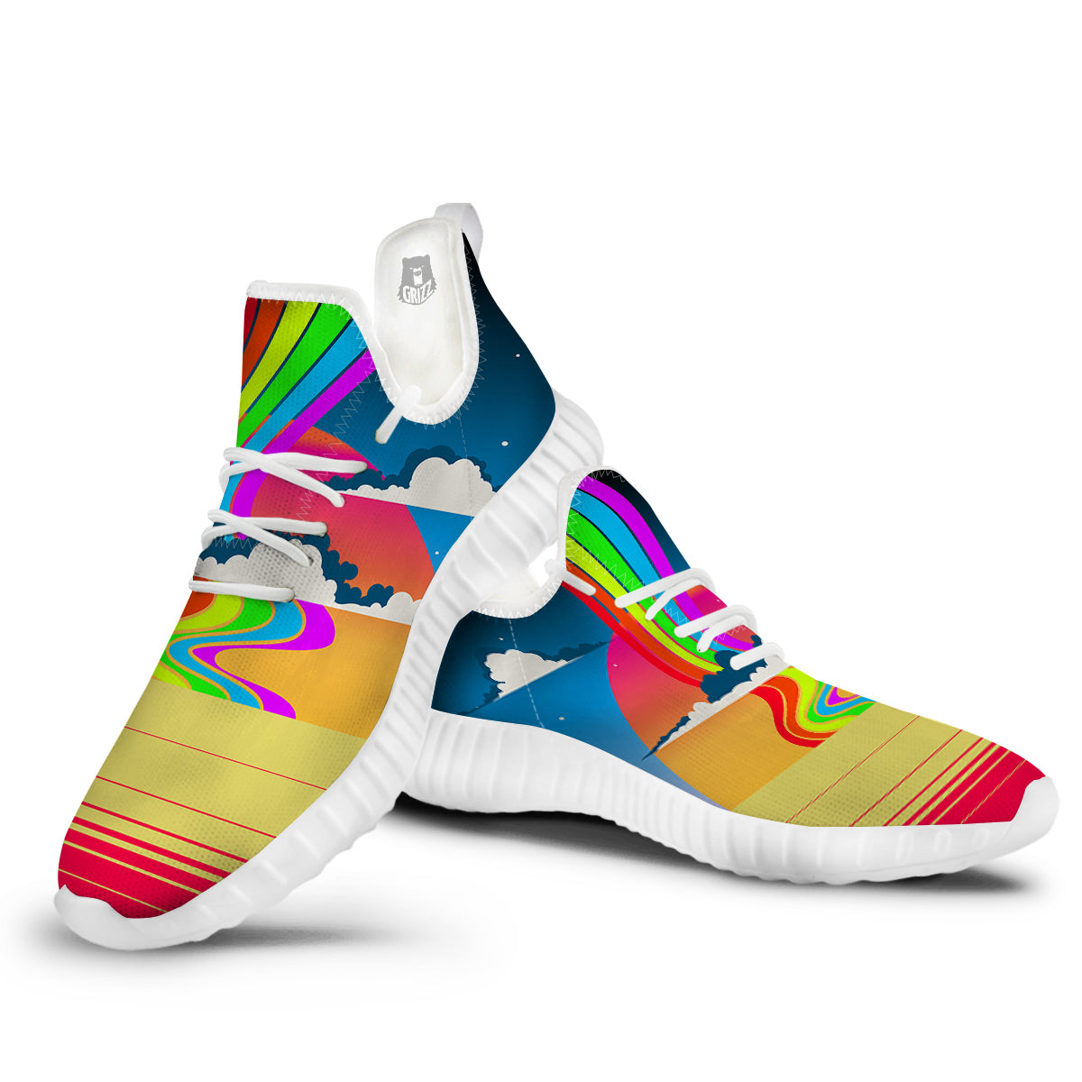 Psychedelic And Gradient Sky Rainbow Print White Walking Shoes-grizzshop