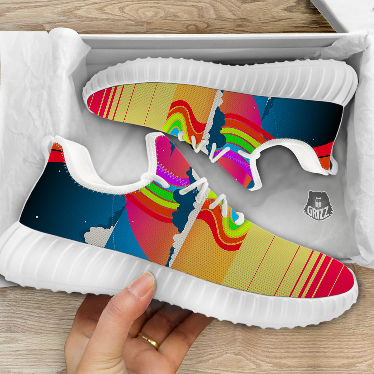 Psychedelic And Gradient Sky Rainbow Print White Walking Shoes-grizzshop