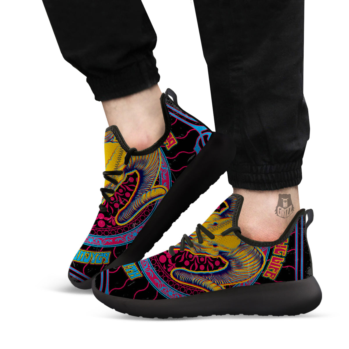 Psychedelic And Ram Skull Print Black Athletic Shoes-grizzshop
