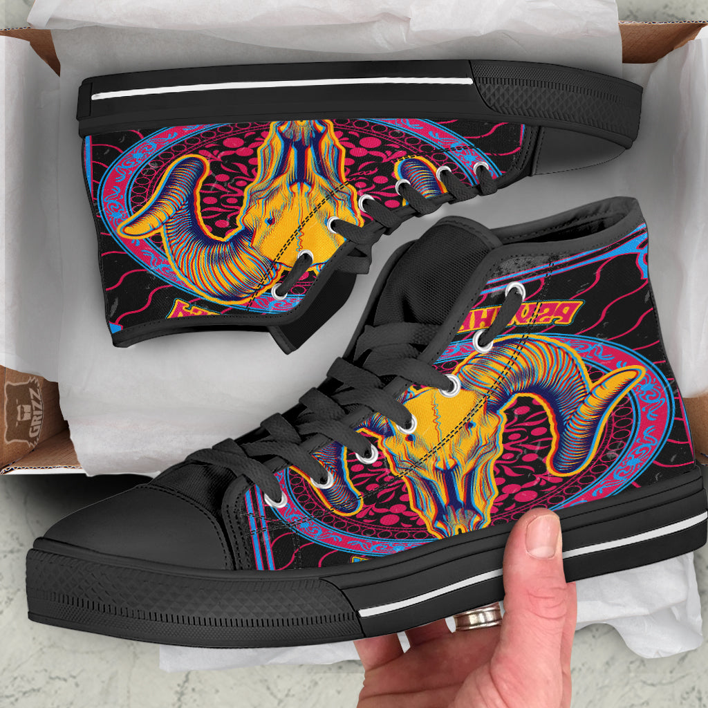Psychedelic And Ram Skull Print Black High Top Shoes-grizzshop