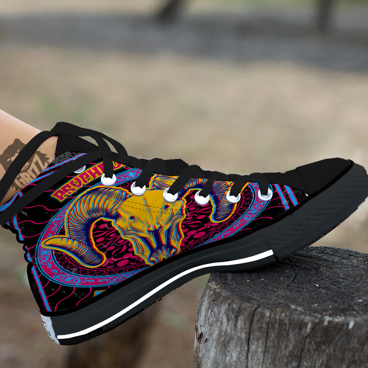 Psychedelic And Ram Skull Print Black High Top Shoes-grizzshop