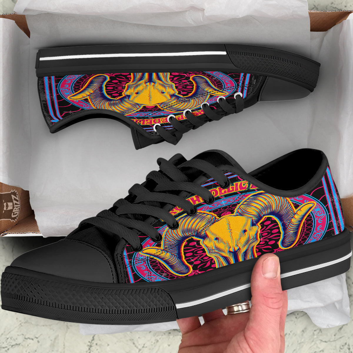 Psychedelic And Ram Skull Print Black Low Top Shoes-grizzshop