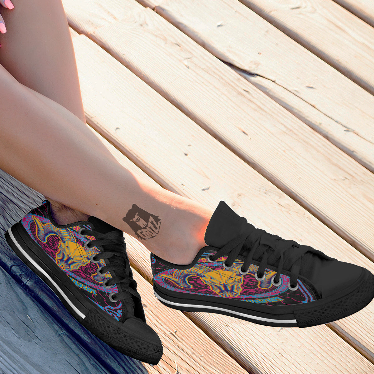 Psychedelic And Ram Skull Print Black Low Top Shoes-grizzshop